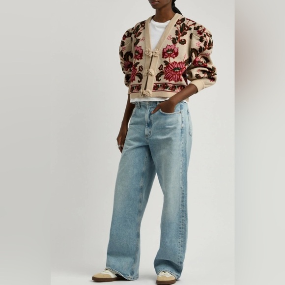 FARM Rio Sweaters - NWT Farm Rio Ravenala Floral-intarsia Knitted Cardigan Cream, Size L